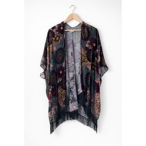 World Market Velvet Burnout Floral Fringe Kimono Boho Festival Cardigan OS